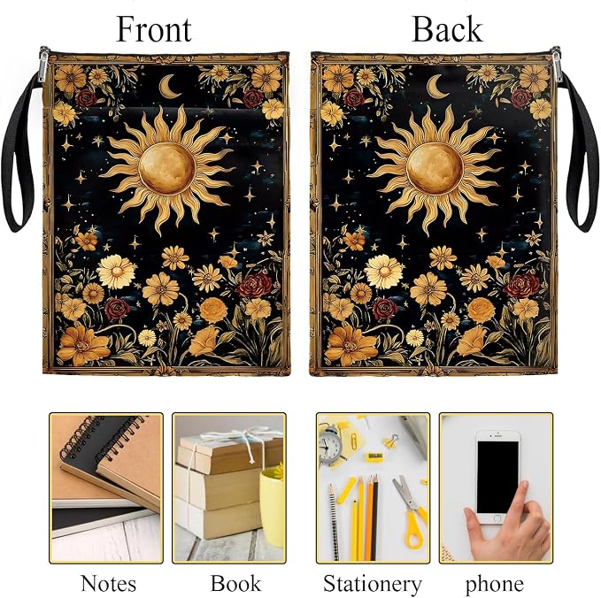Mystic Sun and Moon Tarot Book Cover, Waterproof Book Sleeve with Zippered Front Pocket Retro Flowers Book Pouch for Book Lovers, Christmas, Birthday, Graduation Gifts (Flower&Moon, Large)