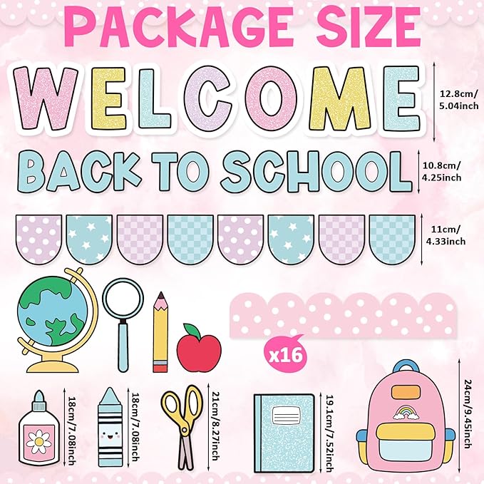 Kinlop First Day of School Bulletin Board Welcome Back to School Classroom Bulletin Board Set Pastel Pencil Notebook Schoolbag Paper Cutouts for Chalkboard Wall Decor for Teacher Preschool Elementary