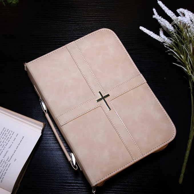 Bible Cover Case for Women (U.S. Patent Pending), Elegant & Practical Bible Case with Shoulder Strap, Light Beige PU Leather Bible Cover, Feminine Bible Bag, Soft Bible Covers for Ladies