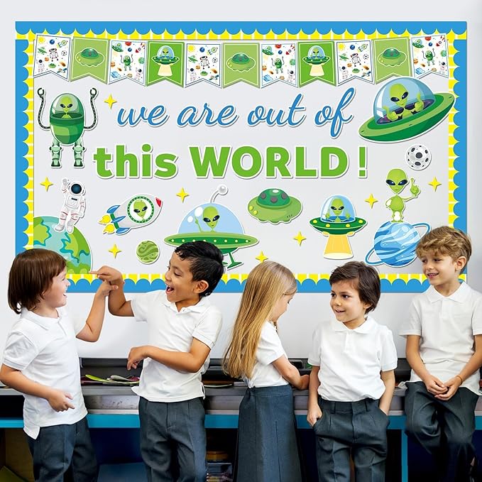 QOUBAI Outer Space Theme Bulletin Board Set Alien Classroom Bulletin Board Decorations Space Astronaut Planet Cutouts Classroom Decorations for Back to School Office Home Chalkboard Decor Wall Door