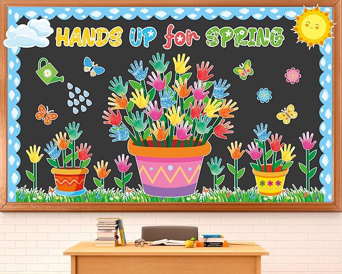 Spring Classroom Bulletin Board Decorations Hands Up for Spring Cutouts Colorful Handprint Flowers Bulletin Board Decoration for Classroom School Office Chalkboard Home Wall Door Decor Supplies