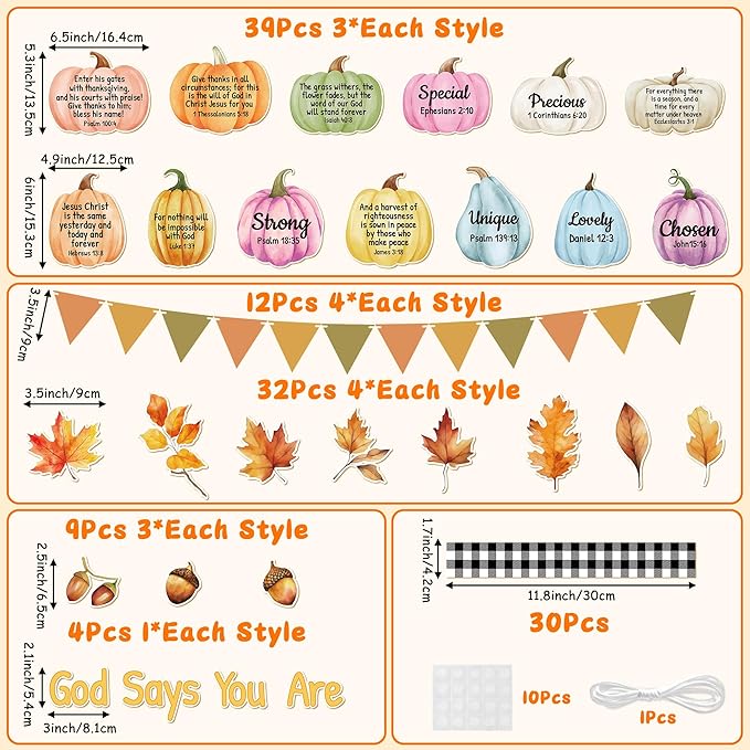 137Pcs Religious Fall Bulletin Board Decorations Set, Christian Bible Verse Thanksgiving Bulletin Board Decor, Watercolor Pumpkin Maple Leaves Cutout Sunday School Chalkboard Wall Supplies