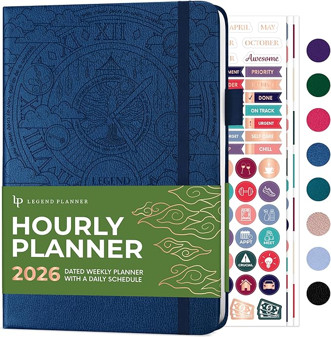 Legend Dated Hourly Weekly Planner 2026 – Daily, Monthly & Yearly Agenda with Time Slots – Hardcover Organizer Journal, 5.8x8.3” (Mystic Blue)