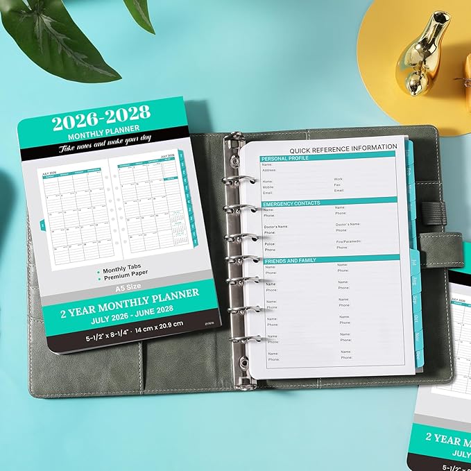 2026-2028 Monthly Planner Refill - A5 Planner Inserts with 7-Hole Punched for 7-Ring Binder, 5-1/2" x 8-1/2", 2 Year Monthly Calendar with Tabs, July 2026 to June 2028