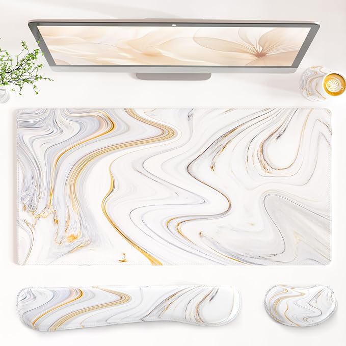 QiyI Leather Desk Mat Set, 4-in-1 Large Mouse Pad with Wrist Rest, Non-Slip Desk Pad + Keyboard Wrist Rest + Mouse Wrist Support + Coaster, Office Desk Accessories Home Decor Supplies, Marble Stripes