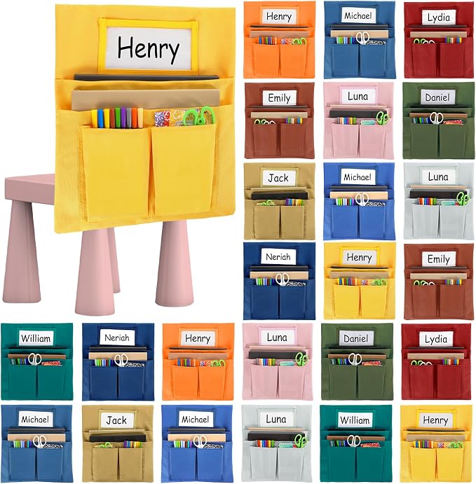 gisgfim 24 Pcs Small Chair Pockets for Classroom 13 x 14 Inch Bag with Name Tag Multi Pockets Chairsback Pouch Organizer for Student Kindergarten Elementary Daycare (Dark Earth)