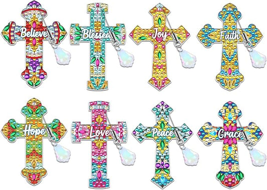 Cross Diamond Art Bookmark Kit: 8 Pcs Christian Bookmarks with Pendant, Spiritual Diamond Painting Book Mark Gifts for Reading Lovers DIY Crafts
