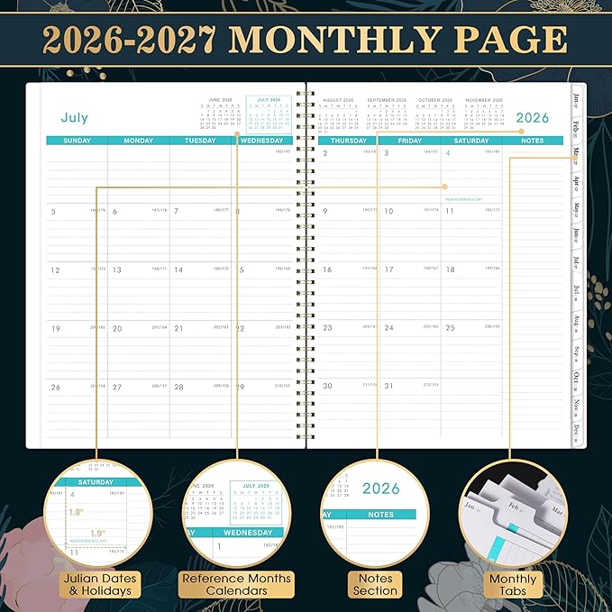 2026-2027 Monthly Planner - 18 Monthly Planner/Calendar 2026-2027, July 2026 - December 2027, 9‘’ x 11'', Months Tabs, Double-Sided Pockets, Twin-Wire Biding, Holidays, Notes Pages, Julian Dates
