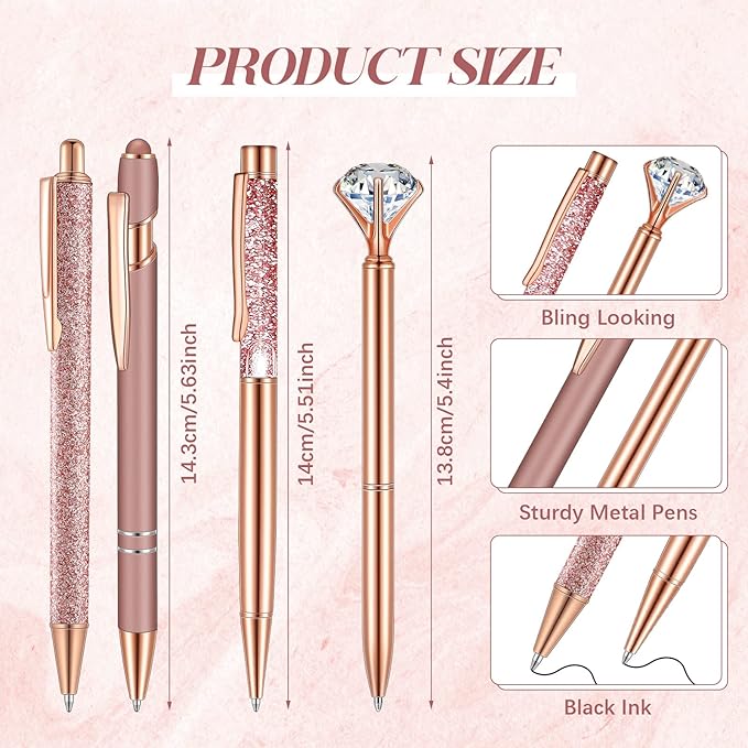 Sabary 8 Pcs Rose Gold Pens with Pen Holder for Desk Glitter Crystal Diamond Cute Ballpoint Fancy Pencil Holder Bling Desk Organizer for Women Girls School Office Supplies Wedding Graduation Gifts