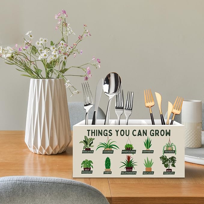 Mental Health Pen Holder, Therapy Office Pen Pencil Holder Organizer for Desk Accessories, Growth Mindset Botanical Wooden Box Desk Decor for School Counselor Therapy Office Desk Decorations