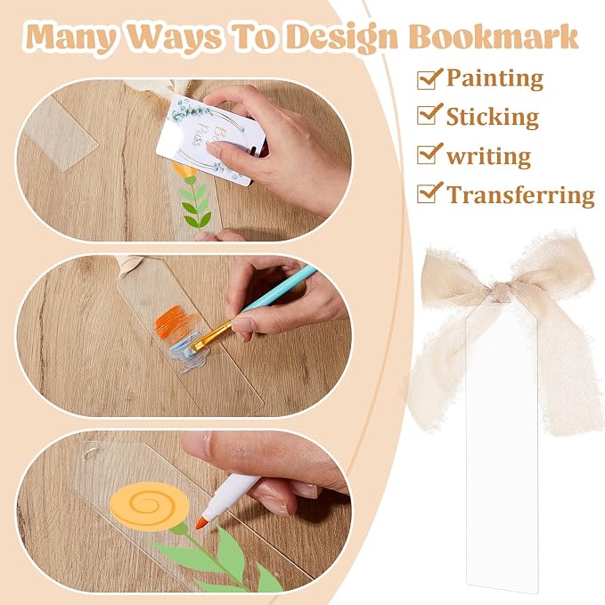 Yeaqee 100 Pcs Acrylic Bookmark Blanks Clear Bookmarks Acrylic Tags with 2 Rolls Ribbon DIY Craft Transparent Bookmark for Reading Lovers for School Presents(5.9 x 1.6 Inch,Champagne)