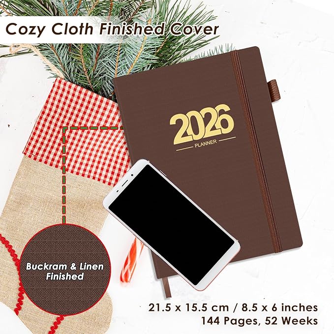 TIIKKASI 2026 Calendar Year Planner Weekly Monthly (Jan - Dec) 6'' x 8.5'' - Lined Journal Notebook Minimalist Agenda Notes, Linen Cloth Book Bound Hard Cover, For School Business Office, Rustic Brown