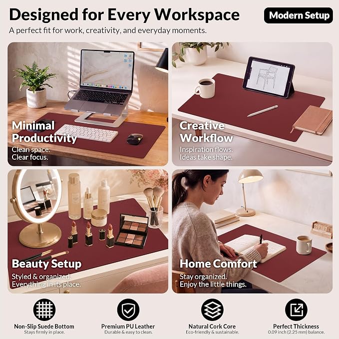 AFIING Leather Desk Pad Protector, 23.6" x 13.7", Red | Large Mouse Pad, Dual-Sided PU Leather & Natural Cork, Non-Slip, Waterproof, For Office and Home