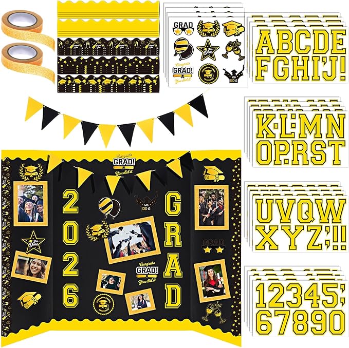 31 Pcs Graduation Photo Poster Board Decor Set Include 28 Sheets Graduation Themed Stickers 2 Rolls Picture Frame Tape 1 PC Banner for 2026 Grad Party College Board Photo Frame Decor(Glod)