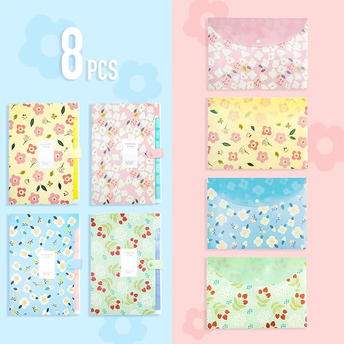 Flower Design Expanding File Folders, 8 Pocket, 4 Pack, A4 Letter Size, Poly Material, 12.8 x 9.3 in