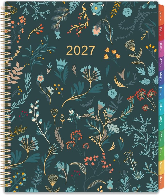 2027 Planner - 2027 Monthly Planner, Jan. 2027 - Dec. 2027, 9" x 11", 2027 Calendar Planner,12 Month with Colourful Tabs & Pocket, Flexible Cover, Twin-Wire Binding, Thick Paper - Leaves