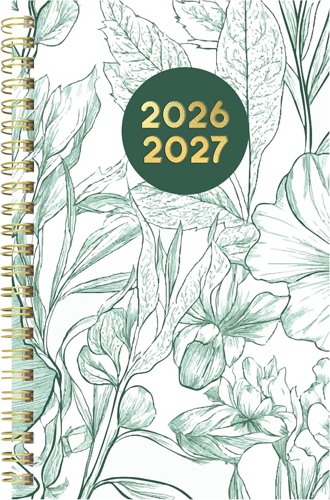 Blueline® Essential Academic Weekly/Monthly Planner, 13 Months, July 2026 to July 2027, Gold Twin-Wire Binding, Poly Cover, 8" x 5", Floral Design, Green (CA114PM.02)
