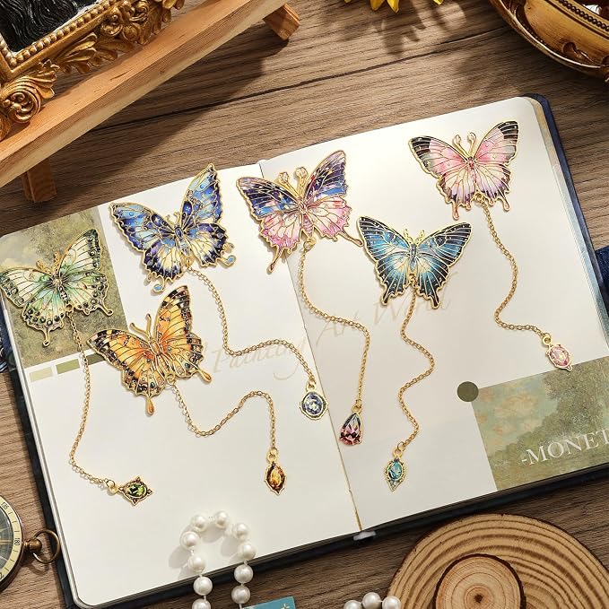 6 Pieces Metal Butterfly Bookmarks with Chain, Golden Hollow Bookmark Monet Oil Painting Theme Book Mark Bookmarks for Book Lovers Writers Readers Children Teens for Women