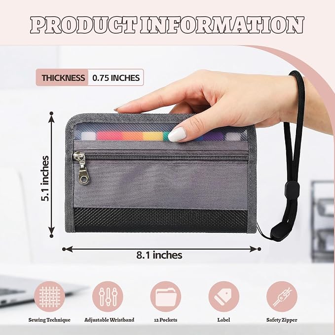 2pcs Portable Receipt Organizer & Coupon Holder, 12 Pockets Accordion Expanding File with Adjustable Wrist Strap, Zipper Closure Budget Organizer for Bills & Expense Tracking