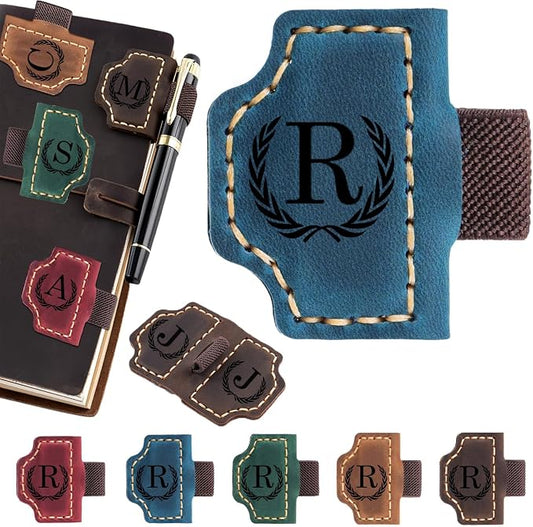 Artlaza Personalized Magnetic Leather Bookmark with Pen Holder - 26 Letters Custom Book Mark with Name Initial Engraved Book Marker for Readers, Book Lovers, Travelers - Gift for Women & Men(Blue，R