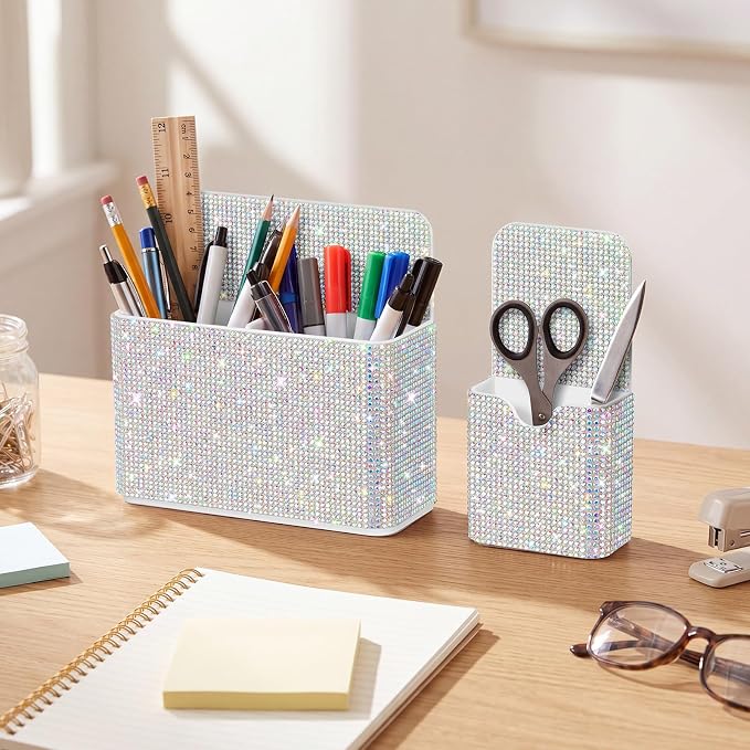 MotiMind 2 Pcs White Bling Magnetic Marker Holder Women Girl Locker Accessories Marker Pen Pencil Holder for Refrigerator Whiteboard Sparkly Gift Desk Organizer for School Office (Rhinestone)