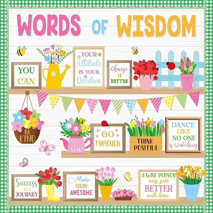 Spring Bookshelf Bulletin Board Words of Wisdom Classroom Bulletin Board Decor Inspirational Quote Flower Bee Cutouts Plant Bulletins Boards for Spring Class Chalkboard Wall Decor Teacher Supplies