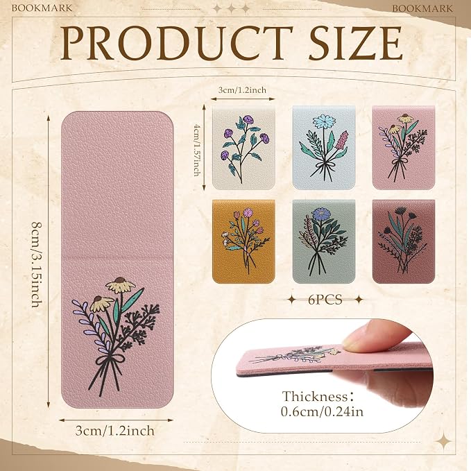 Hsei 6 Pcs Magnetic Leather Bookmark Floral Magnet Leather Book Marker Clips Accessory Women Flower Cute Reading Gifts for Bookworm Lovers Mother's Day Birthday Teacher's Appreciation Gift(Retro)