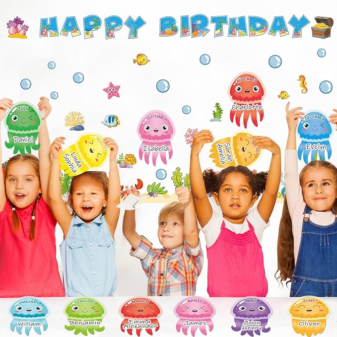 gisgfim Under The Sea Birthday Bulletin Board Decorations Ocean Theme Happy Birthday Classroom Bulletin Board Jellyfish Ocean Creatures Cutouts for School Teacher Student Door Home Wall Decor Supplies