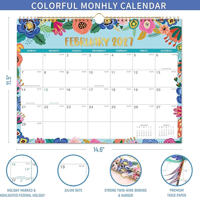 Wall Calendar 2026-2027 - Calendar 2026-2027, JUL. 2026 - Dec. 2027, 18 Monthly Wall Calendar, 15" x 11.5", Wall calendar with Twin-Wire Binding, Hanging Hook, Julian Dates, Thick Paper