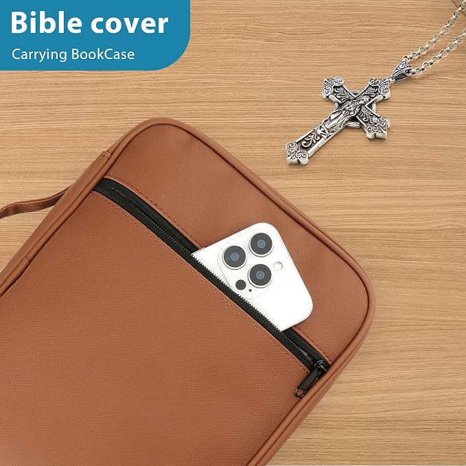 CDBXPRG Bible Cover, Bible Carrying Book Case for Women,Protective Church Organizer Holder Bag with Handle Pockets,Christian Gift for Girls Boy and Men ALL Brown