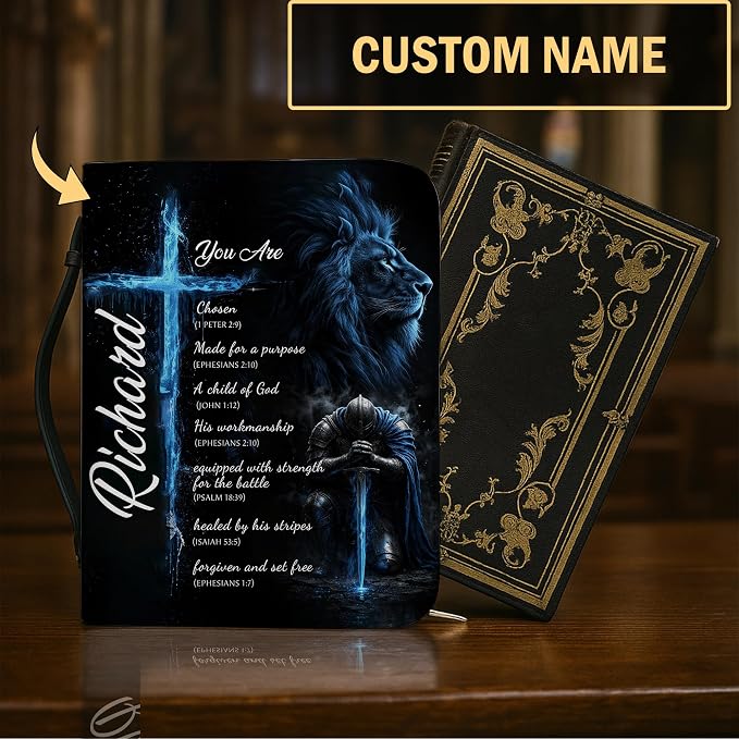 Personalized Man of God Bible Cover for Men, Christian PU Leather Bible Case with Handle Zipper, God Says I Am Warrior Scripture Bible Holder, Religious Gift for Men (Knight Templar)