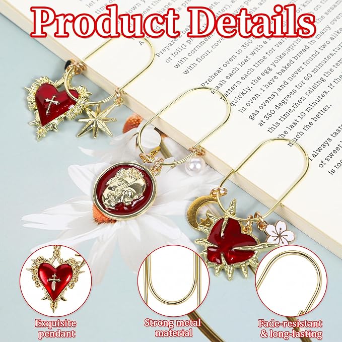 Wxiben Gothic Paper Clip Bookmark - 3 Pcs Red Heart Metal Paperclip Book Mark with Charms Page Marker Planner Decorative Paper Clips Gifts for Women Reading Book Lover School Accessories