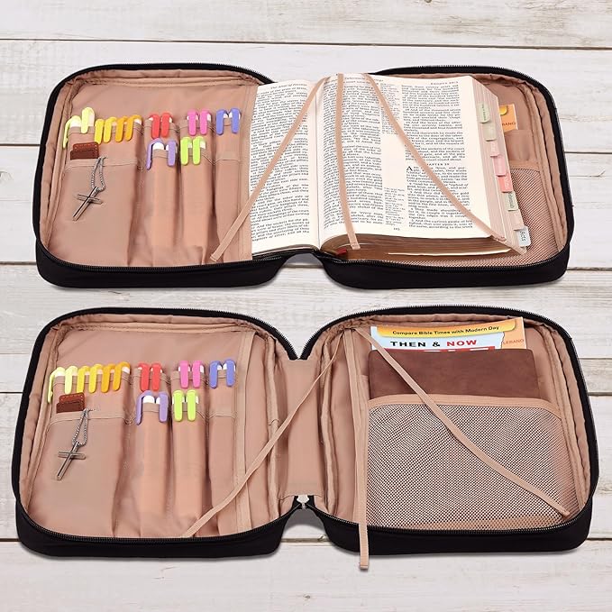 FINDCOZY Bible Cover for Women, Durable Carrying Book Case Church Bag for Biblical Accessories with Handle and Zippered Pocket, for Scriptures, Black