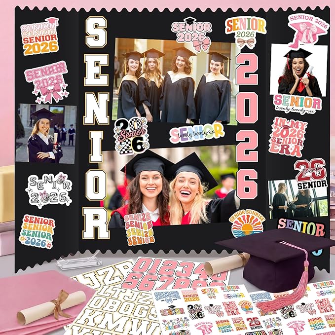Tinlade 3 Set Senior 2026 Graduation Photo Display Board 24" x 16" Trifold Poster Board with Senior 2026 Themed Stickers for Graduation Picture Frame Table Decor