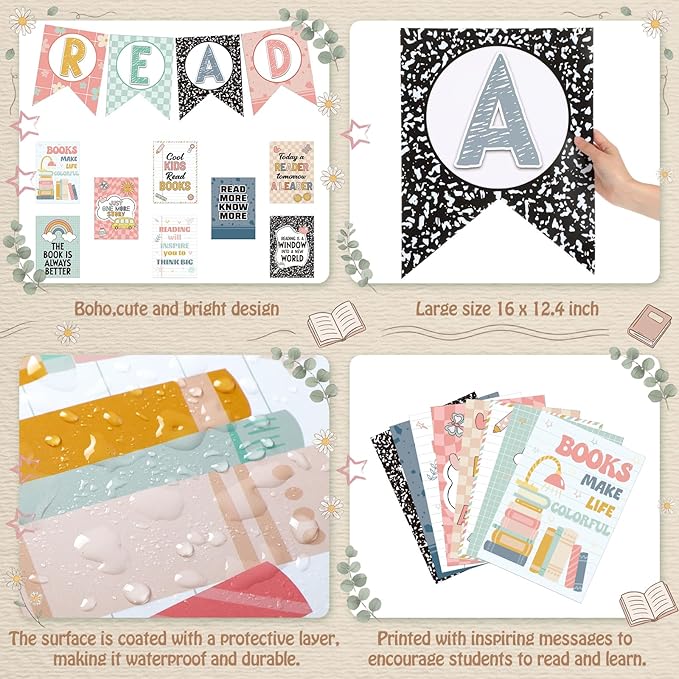 Reading Classroom Decorations Library Posters Bulletin Board Sets for Elementary Classroom Pennants Decor for Back to School Nursery Library Teacher Supplies(Bohemian Colors)