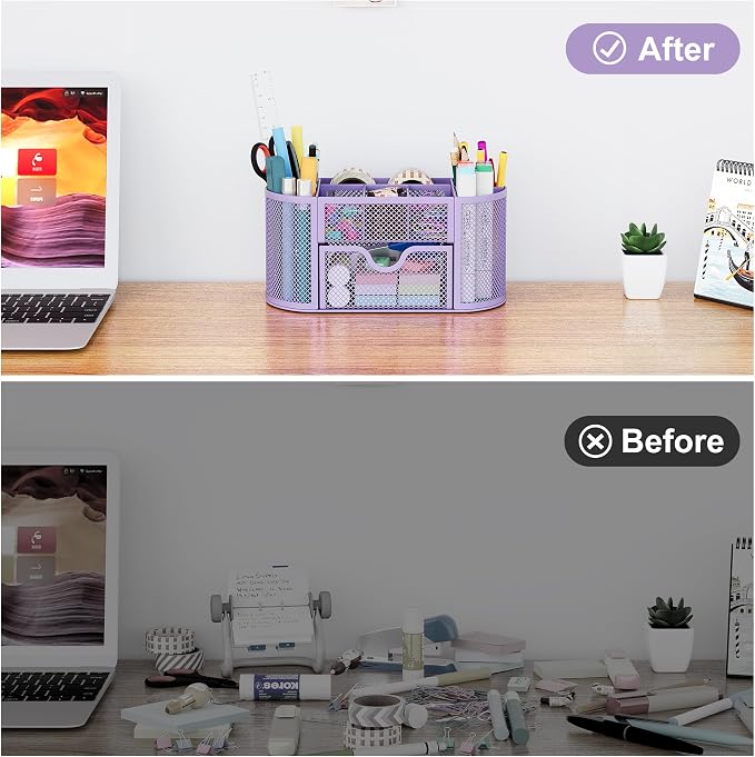 EasyPAG Mesh Pen Holder Desk Organizer with Drawer Stationery Supplies Organizer for Dorm School 9 Compartments Workspace Desk Accessories Organization for Office, Light Purple