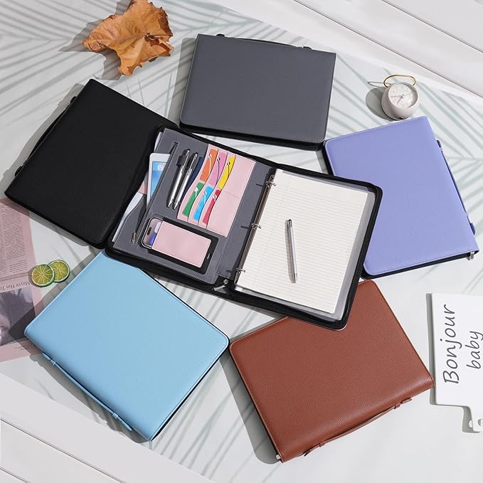 Wonderpool Travel Zippered Portfolio 3 Ring Binder A4 Padfolio Document Case with Removable Clipboard Legal Pad Holder, Business Office School Organizer for Men and Women (Light Blue)