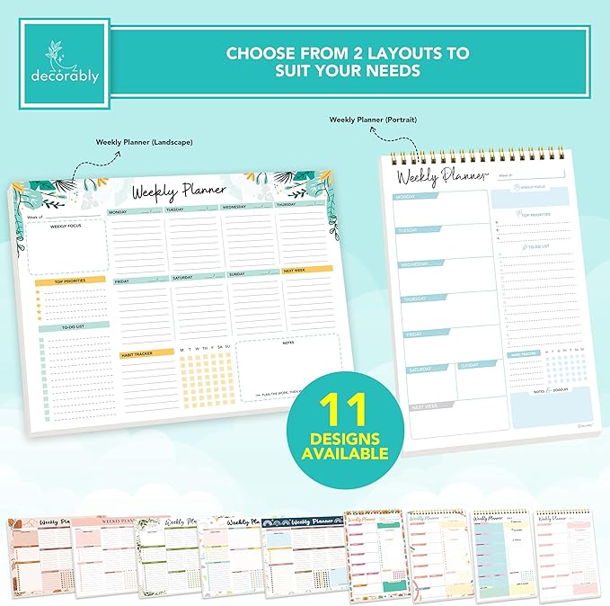 Decorably 52 Sheets Blue Undated Weekly Planner Only Day Sheets Journal - 6.5x10in Spring-Bound, Easy Tear-Off Design, with Focus, Priorities, to-do List, Habit Tracker & Notes - Home, School, Office