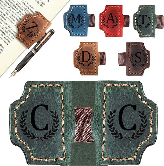 Custom Magnetic Bookmarks with Pen Holder, Personalized 26 Letters Name Initial Leather Bookmark, Leather Book Mark for Men Women Teachers, Readers Book Lovers Gifts (Green, C)