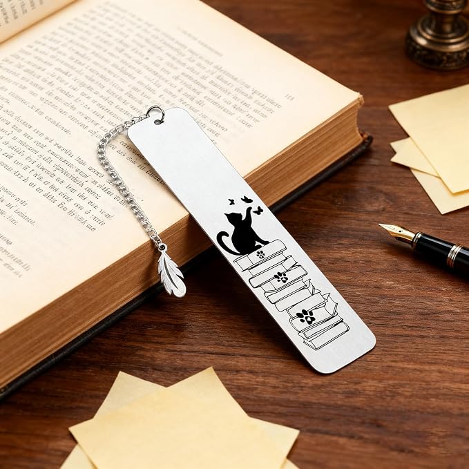 Cat Bookmark for Book Lovers, Gifts for Women Men - Stainless Steel Metal Book Mark with Feather Charm & Gift Box for Cat Mom, Readers, Friends, Christmas & Birthdays