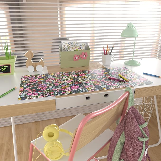 Colorful Star Large Mouse Pad, Floral Desk Mat Office Supplies, Waterproof Faux Leather Big Gaming Mousepad for Women Girls, Blooming Flowers Desk Pad Home Office Décor Accessories 31.5" x 15.7"
