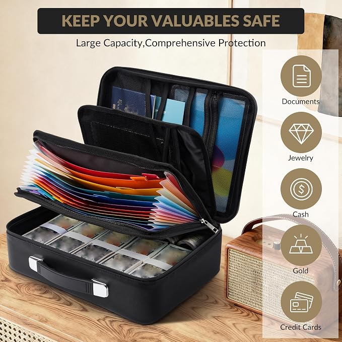 Garvee Fireproof Document Box, Hard Case Waterproof Fire Safe File Box with Lock, Portable Fire Proof Important Document Organizer Bag for Passports Certificates Laptop, Black