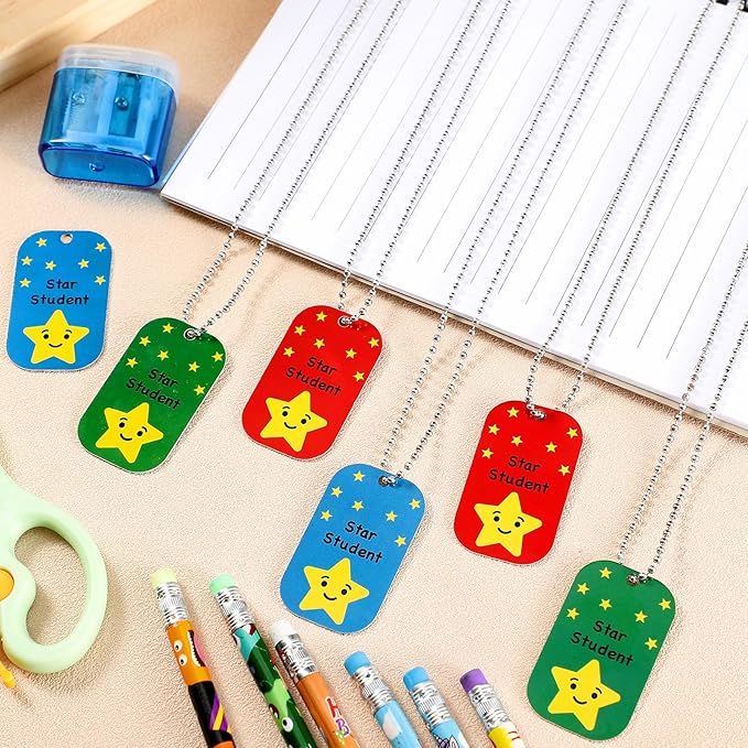Landical 48 Pcs Student Incentives Metal Star Student Dog Tag with Chains Recognition Tag Necklaces Education Awards Prizes Bulk for School Classroom Reward Teacher Supplies
