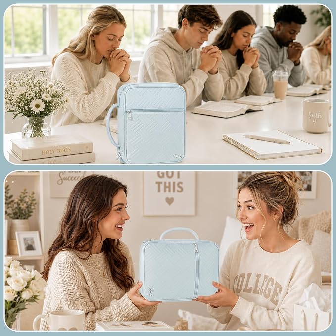 XKDOUS Bible Cover Case for Women, Large Bible Cover with Durable Handle, Washable Quilted Bible Case, Bible Study Supplies & Christian Gifts for Mom, Women, Men (Light Blue)
