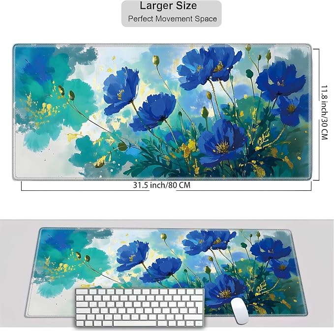 Mouse Pad Gaming Mousepad 31.5x11.8 Inch XXL Large + Coasters,Desk Mat with Stitched Edges, Non-Slip Rubber Base, Thick Mouse Pad for Computer, Laptop, Office & Home - Blue Flower