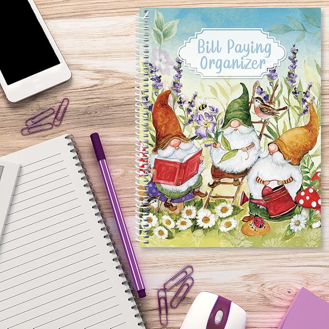 Current Sweet Gnome Bill Paying Organizer Book - 9" x 12” Personal Account Book, Spiral Bound, 14 Storage Pockets, 32 Label Stickers, Monthly Finance & Payment Management Tracker for Home & Office
