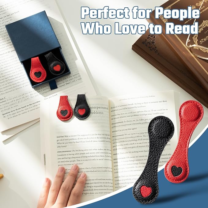 2Pcs Magnetic Leather Bookmarks with Gift Box Magnetic Pen Holder Book Marks Clip Gift for Book Lover Readers Men Women Teachers Students, Heart Bookmarks