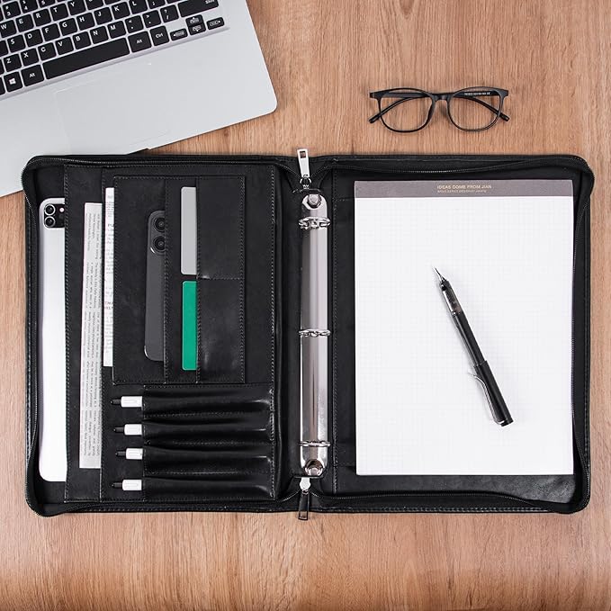 AZXCG Padfolio for Men, 3 Ring Binder Portfolio Folder, Vegan Leather, Personalized with A4 Notepad Holder, Business Document Organizer, Black