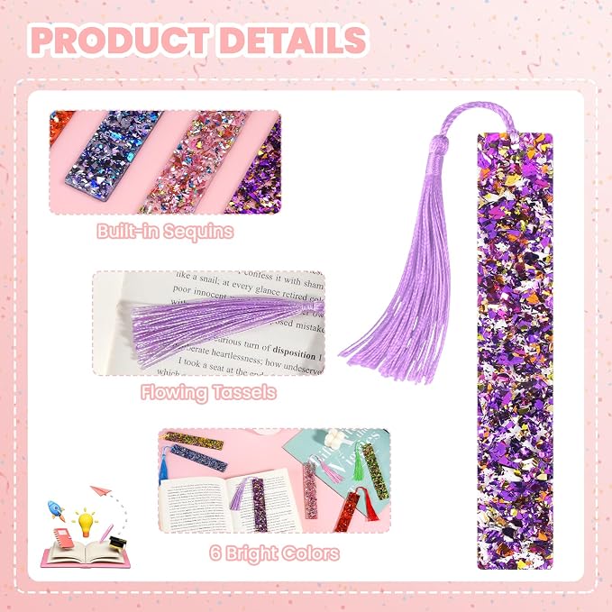 Leezmark 6 Pcs Resin Glitter Bookmarks with Colorful Silk Tassels, Transparent Acrylic Unique Bookmarks for Kids Reading, Cool Book Accessories for Book Lover Gifts (6 Colors)