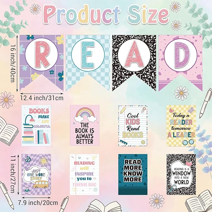 Reading Classroom Decorations Library Posters Bulletin Board Sets for Elementary Classroom Pennants Decor for Back to School Nursery Library Teacher Supplies(Bright Colors)
